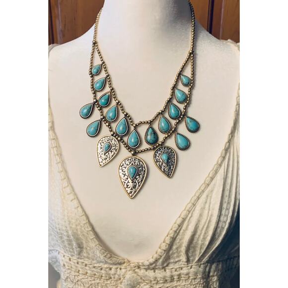 lucky brand gold tone turquoise two-row tear drop necklace - Picture 8 of 8